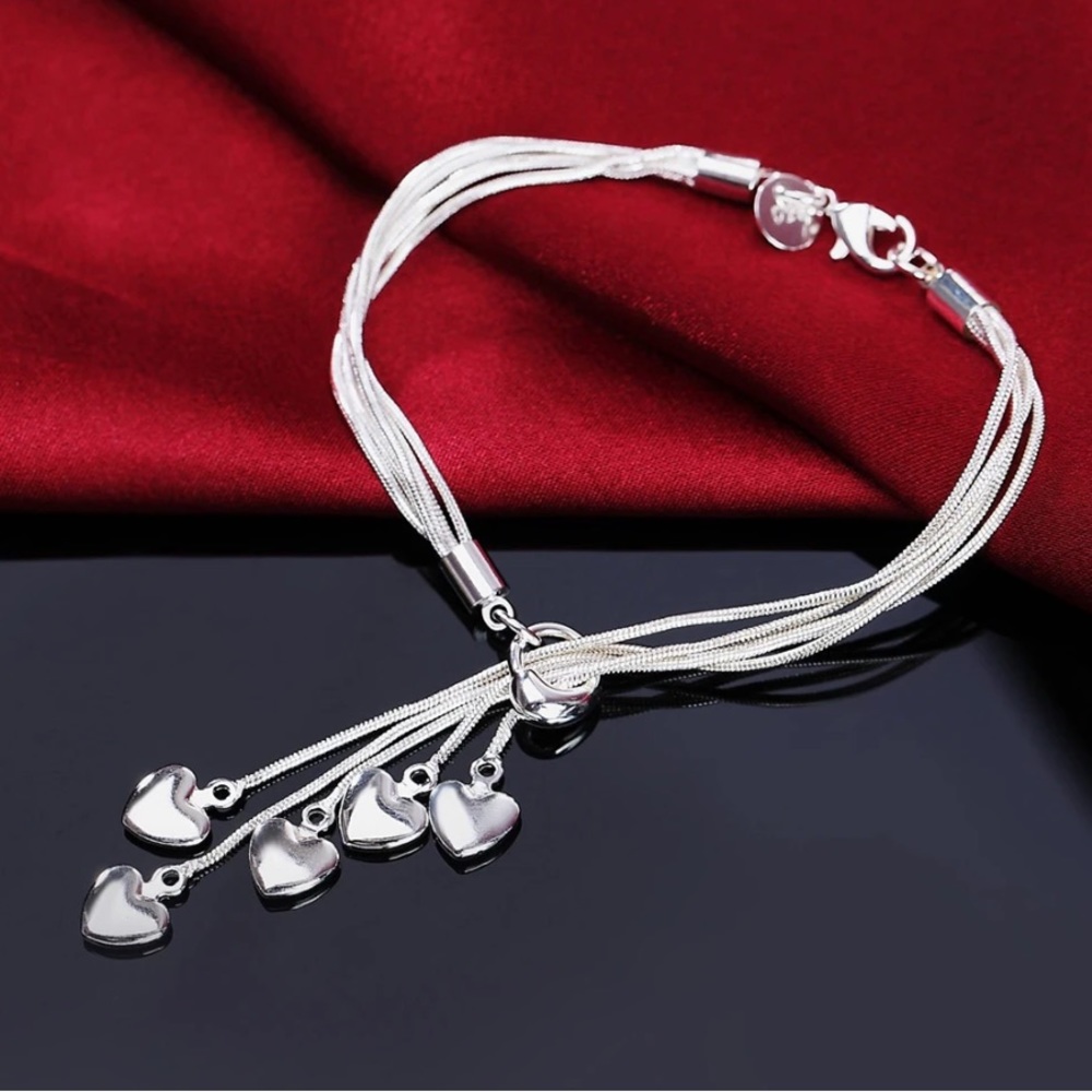 Hearts Charm Bracelet 925 Sterling Silver 5 Hearts - NEW